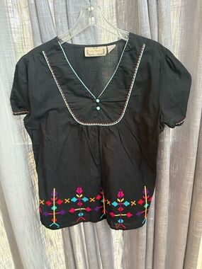 Black Embroidered V-Neck Women's Top cotton XL Mexican Folklore blouse peasant